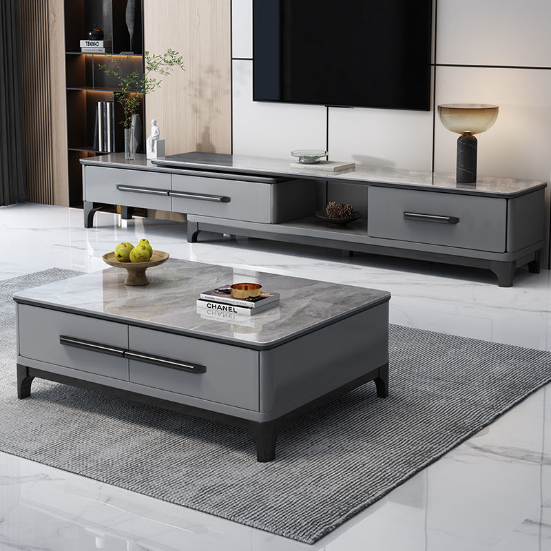 欧梵森 北欧轻奢岩板茶几电视柜组合推拉伸缩大理石岩板电视柜小户型客厅家具意式风岩板现代简约套装家用储物柜 双边可伸缩电视柜【6mm岩板】多色可选，拍下请备注