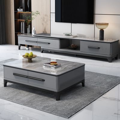 欧梵森 北欧轻奢岩板茶几电视柜组合推拉伸缩大理石岩板电视柜小户型客厅家具意式风岩板现代简约套装家用储物柜