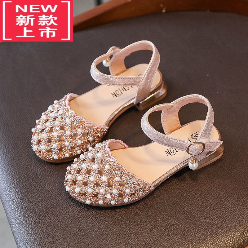 可莉允童鞋女孩半凉鞋洋气包头软底2022新款女童公主凉鞋珍珠水晶小皮鞋运动休闲鞋图片