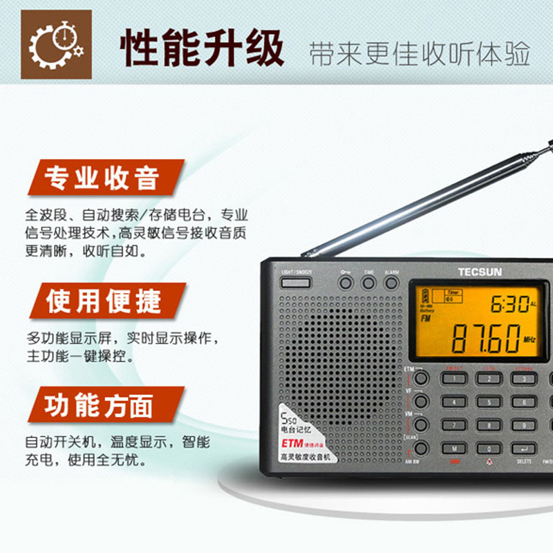 德生收音机PL-380 灰色 高考全波段便携式四六级英语听力数字调谐定时开关机广播半导体多功能一体机高清大图