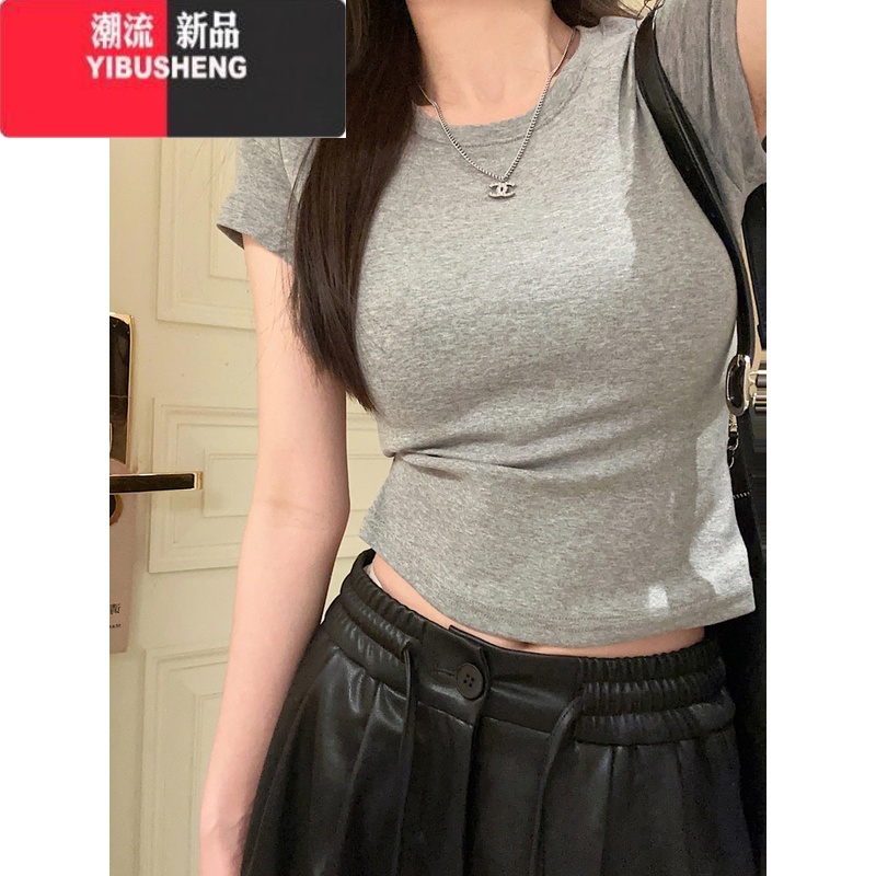 YIBUSHENG白色短袖打底衫内搭t恤女装春季新款修身辣妹短款正肩紧身上衣高清大图