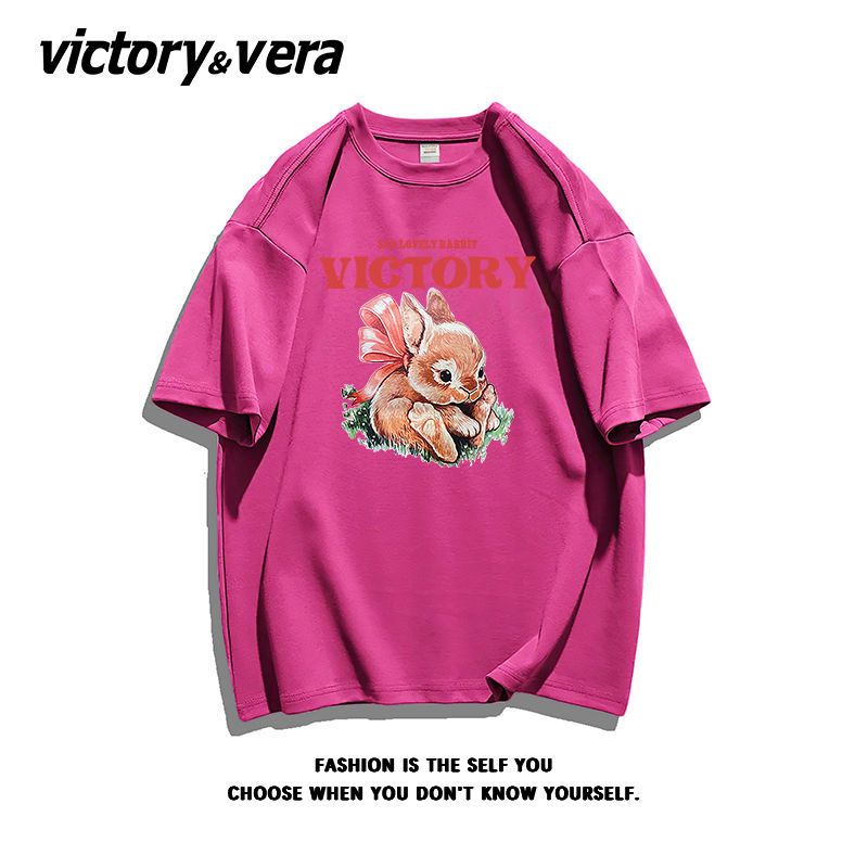 VICTORYVERA100%纯棉卡通盐系半袖女夏季宽松慵懒风短袖百搭t恤女
