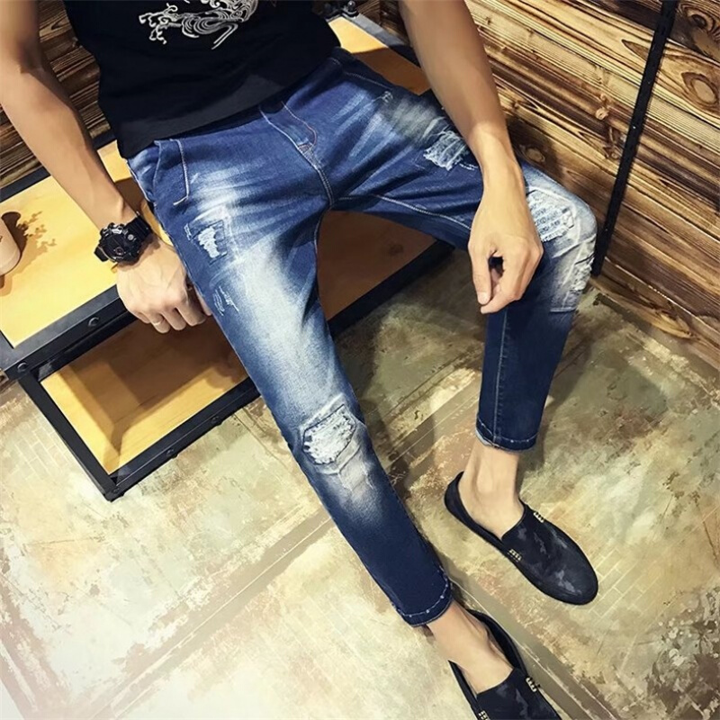 秋季韩版九分牛仔裤男士浅色休闲直筒破洞修身小脚9分裤子蓝色K95