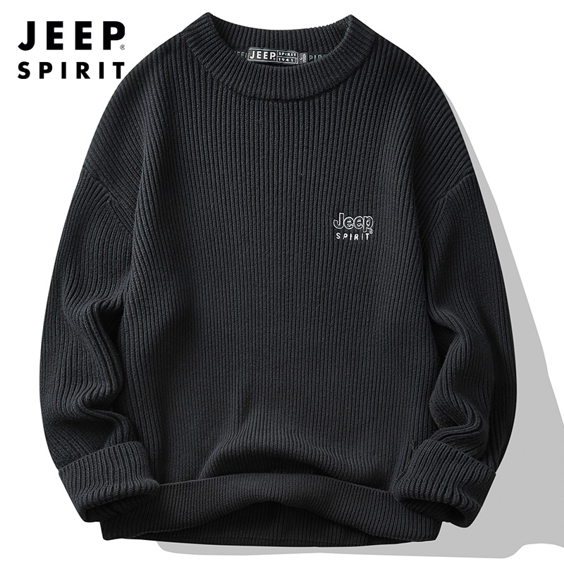 JEEP SPIRIT吉普秋冬季新款毛衣针织衫男圆领套头打底衫毛衣宽松弹力潮流上衣 黑色 L