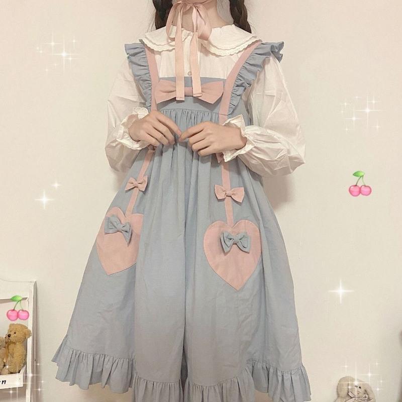 春秋日系软妹少女爱心蝴蝶结学生宽松可爱荷叶边背心裙连衣裙闺蜜 蓝色 M