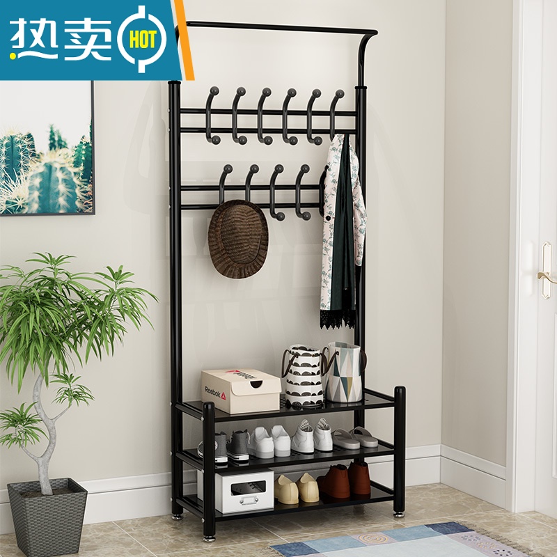 敬平晾衣架落地家用门厅挂衣架卧室简易鞋架室内收纳凉晒衣服衣帽架子 大号-黑色[加厚] 大高清大图
