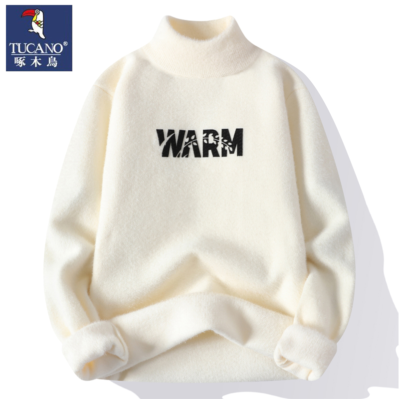 啄木鸟半高领毛衣男冬季纯色保暖水貂绒针织衫秋冬男士加厚打底厚 2XL135-150斤左右 237字母米白色