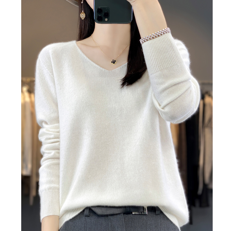 免费试穿 秋冬新款V领羊绒衫春秋新款针织衫瘦身上衣慵懒毛衣女春秋针织上衣服打底衫秋冬内搭大码显瘦洋气打底衫女高清大图