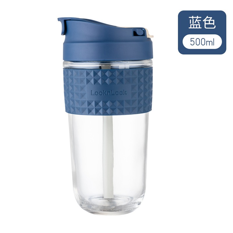 乐扣乐扣(LOCK&LOCK)玻璃茶杯子男简约吸管水杯女学生水杯便携泡茶咖啡杯水杯 500毫升 蓝色 LLG614