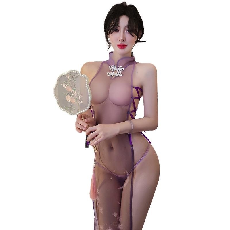 长夜漫漫情趣内衣紫色旗袍辣妹绑带透明纯欲网纱激情诱惑旗袍1832zO高清大图