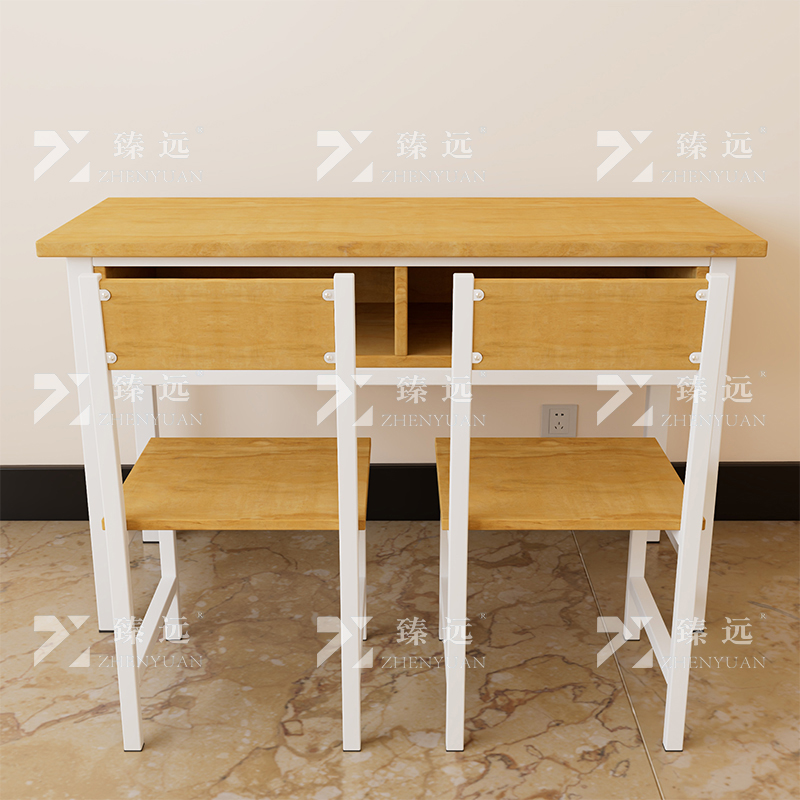 臻远ZY4082145 学生课桌椅双层带抽屉培训班学习桌学校辅导班教室双人桌 胡桃色含椅子+白架1200*600*800高清大图