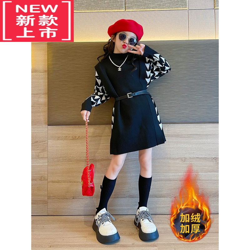 可莉允女童加绒毛衣秋冬装2022新款大童时髦洋气炸街儿童冬季针织连衣裙
