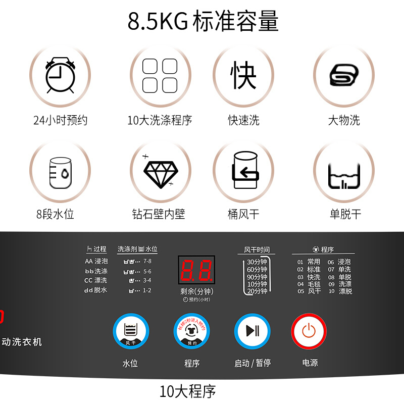 志高(CHIGO)8.5公斤全自动洗衣机 小型洗衣机迷你 家用波轮洗衣机带甩干脱水 蓝光智能风干高清大图
