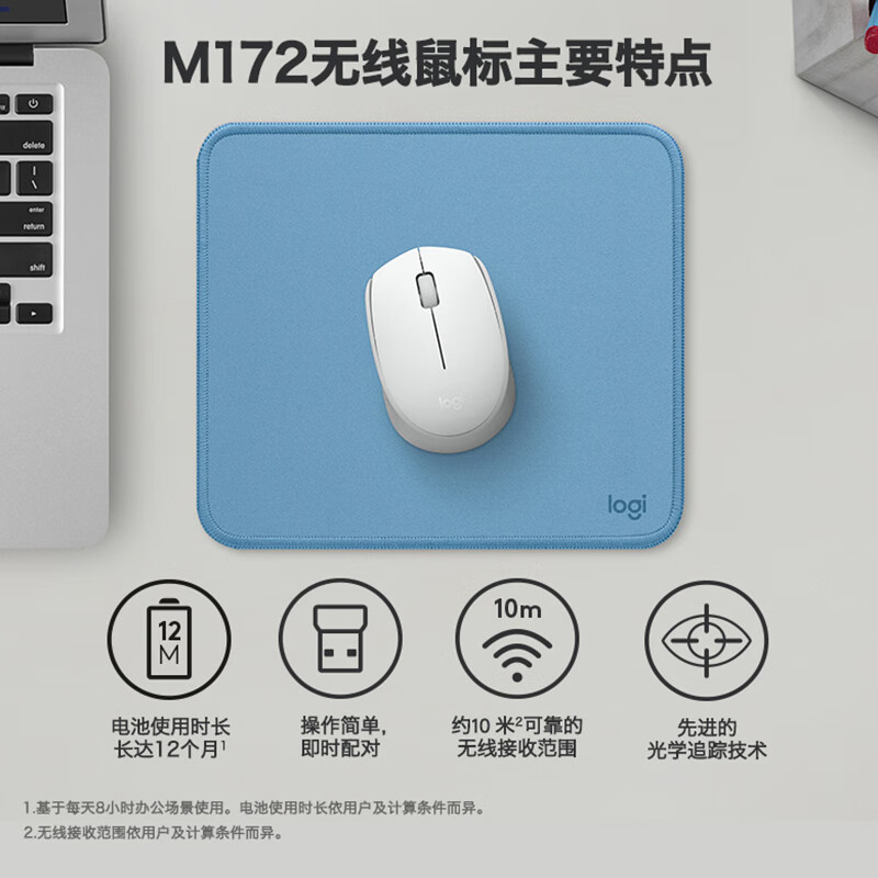 罗技 M172无线鼠标左右手适用双侧防滑纹理白色高清大图