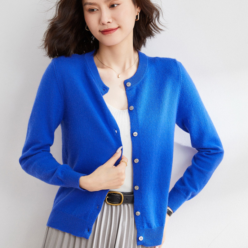 春秋新款圆领针织开衫女外搭长袖外穿针织衫毛衣纯色薄款外套女