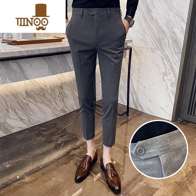 yanxu秋季休闲西装裤子男长裤修身韩版坠感刺绣小西裤潮流小脚九分裤