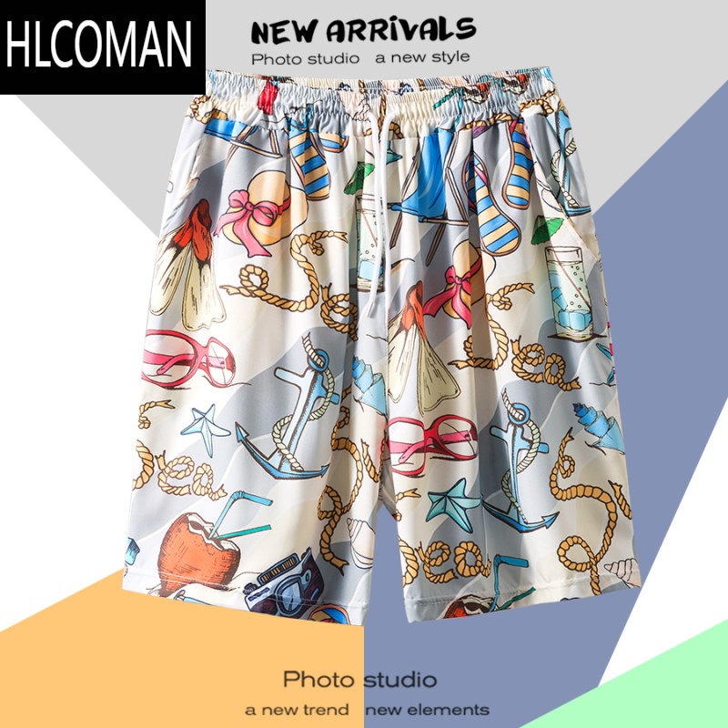 HLCOMAN夏季海边度假裤衩男五分休闲运动大码夏威夷短裤潮速干宽松沙滩裤 米白色K2102 M