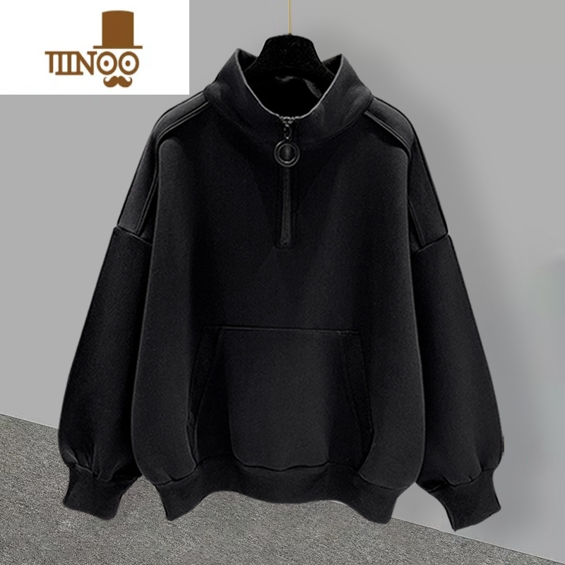 YANXU港风半高领卫衣男加绒潮流百搭宽松拉链设计纯色帅气男生长袖