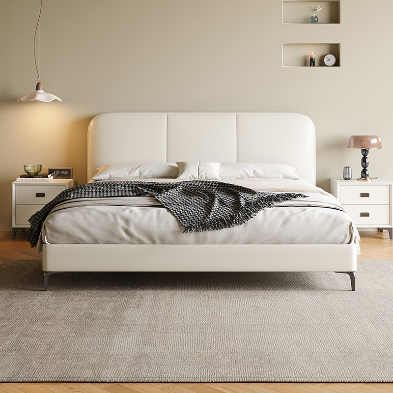 极窄系列头层牛皮床主卧次卧双人大床实木真皮极简婚床高清大图