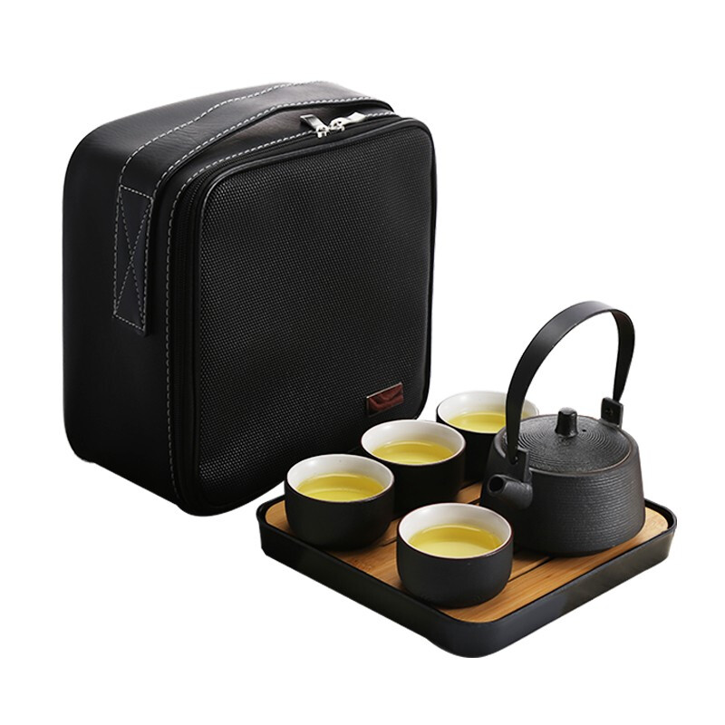 湖畔居 茶具套装陶瓷功夫茶具旅行茶具便携装一茶壶四茶杯带茶盘 黑陶 HCJ2008004