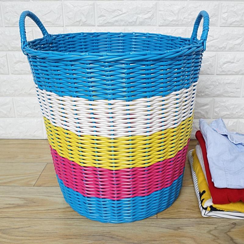 脏衣服收纳筐家用藤编篮子塑料编织篓洗衣桶玩具篮装放衣服的 经典蓝色主色L篮身高34厘米
