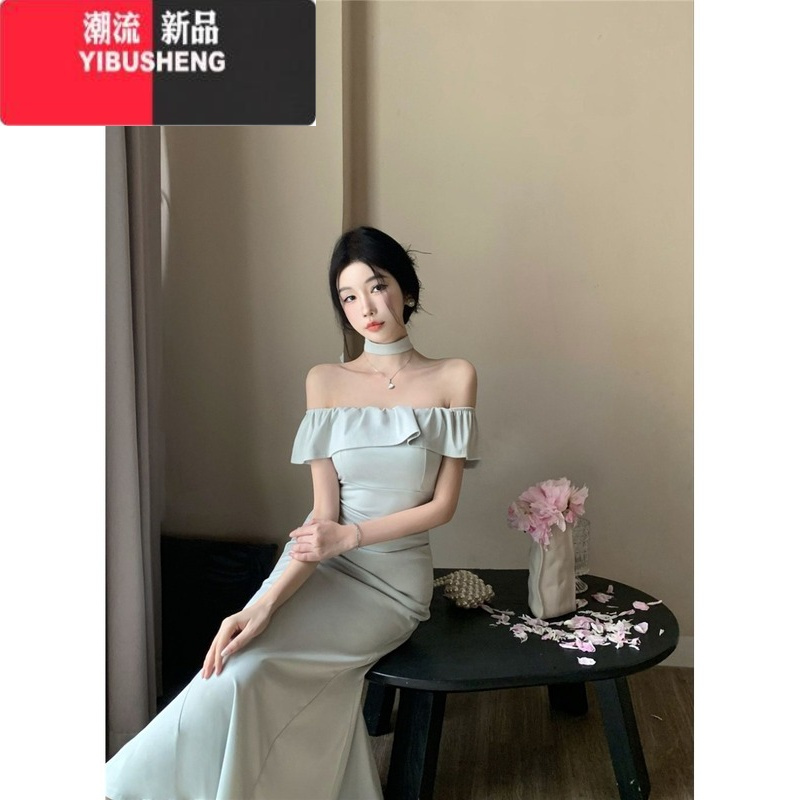 YIBUSHENG季法式气质高级感一字肩连衣裙女性感荷叶边鱼尾礼服长裙子女