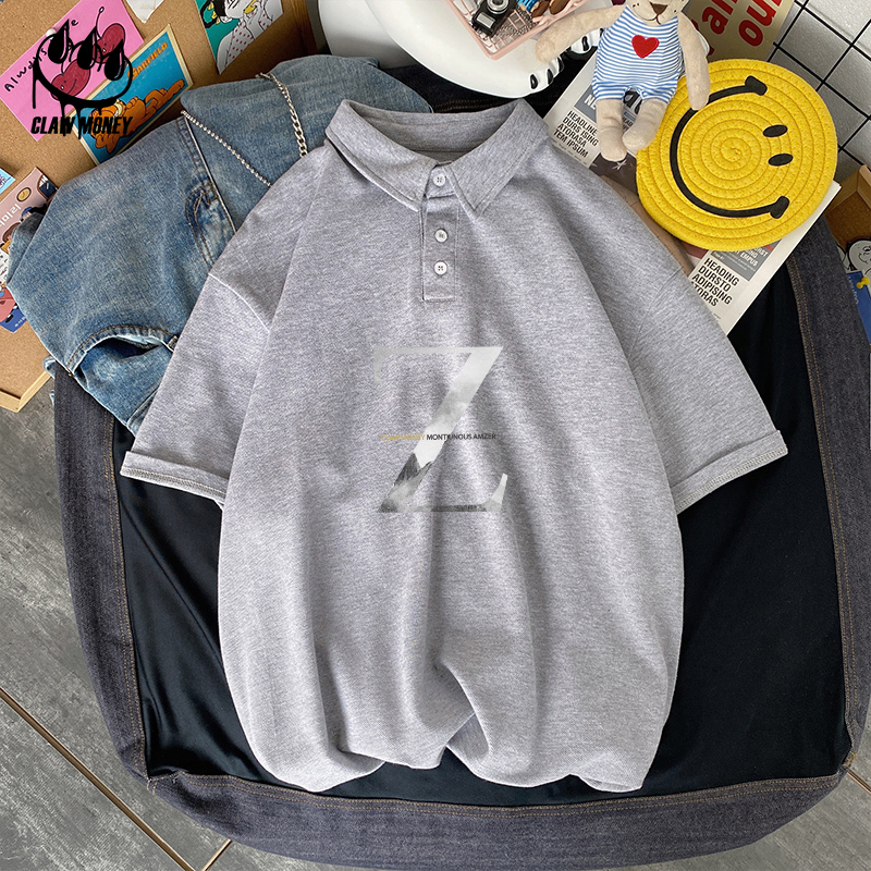 claw money夏季宽松翻领polo衫男潮流ins休闲短袖t恤青少年五分袖
