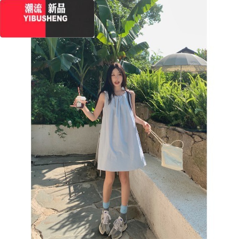 YIBUSHENG蓝色无袖挂脖连衣裙女季小个子A字裙系带休闲背心裙裙 均码 蓝色