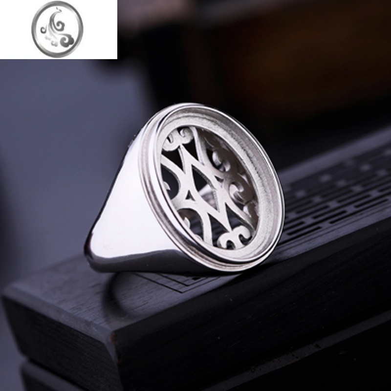 JiMiS925银银戒指空托光面戒指托镶嵌蜜蜡绿松石南红开口戒托男13*18