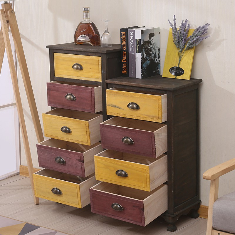 美式复古实木地中海收纳柜45cm多层抽屉式储物柜卧室五斗柜边柜子三维