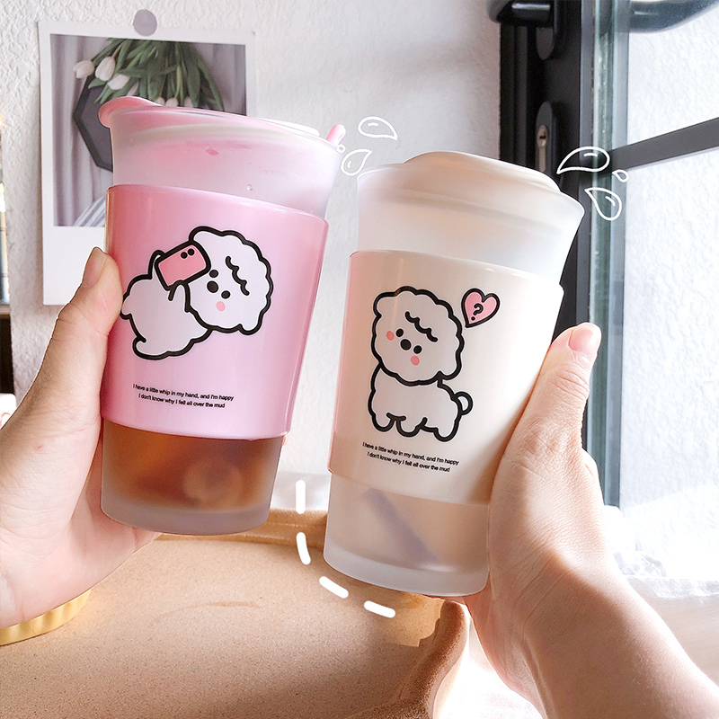 ins风可爱绵羊简约磨砂玻璃杯少女网红咖啡牛奶早餐杯子水杯带勺