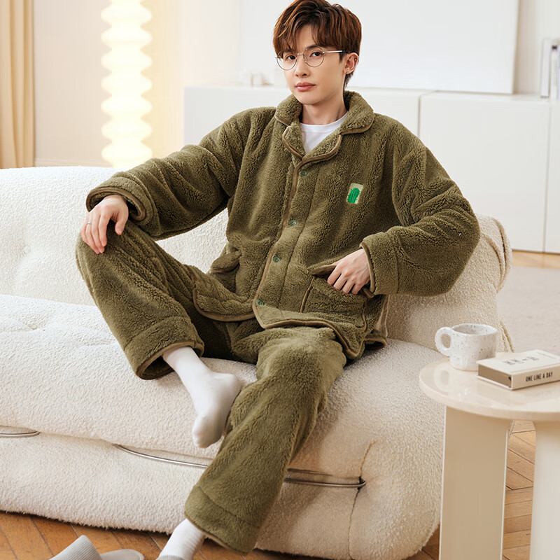 浪莎睡衣男士珊瑚绒秋冬季加绒加厚开衫翻领家居服可外穿简约两件套装