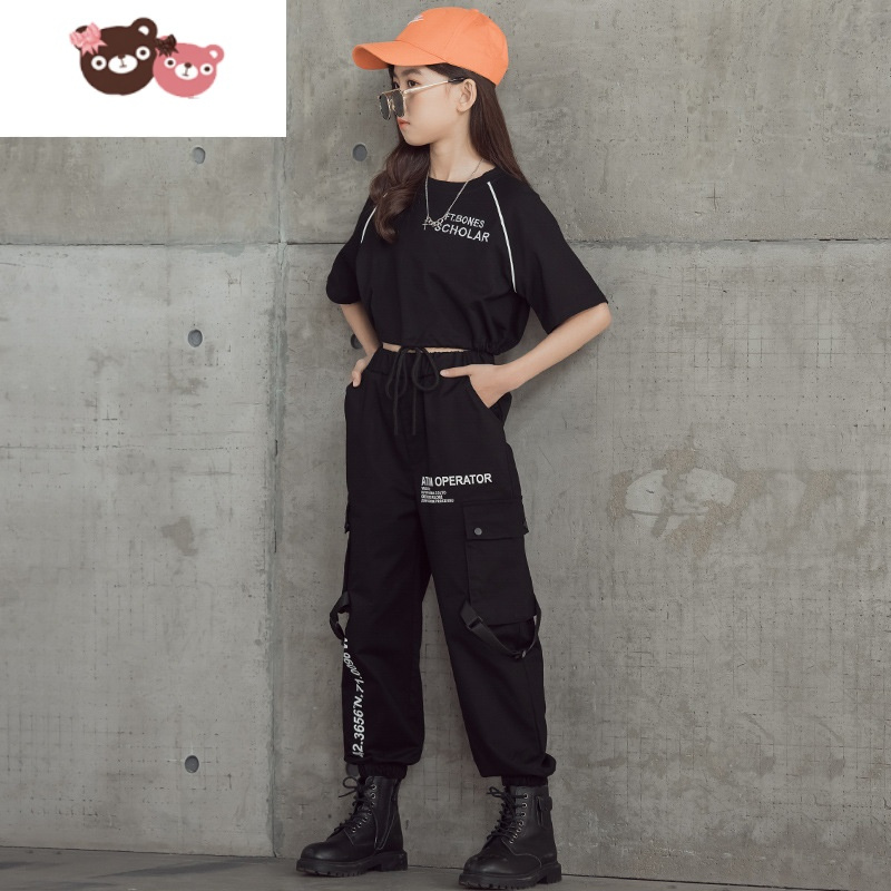 绿彩虹光女童网红运动套装夏装新款中大童潮酷洋气短款T恤+工装裤两件套薄