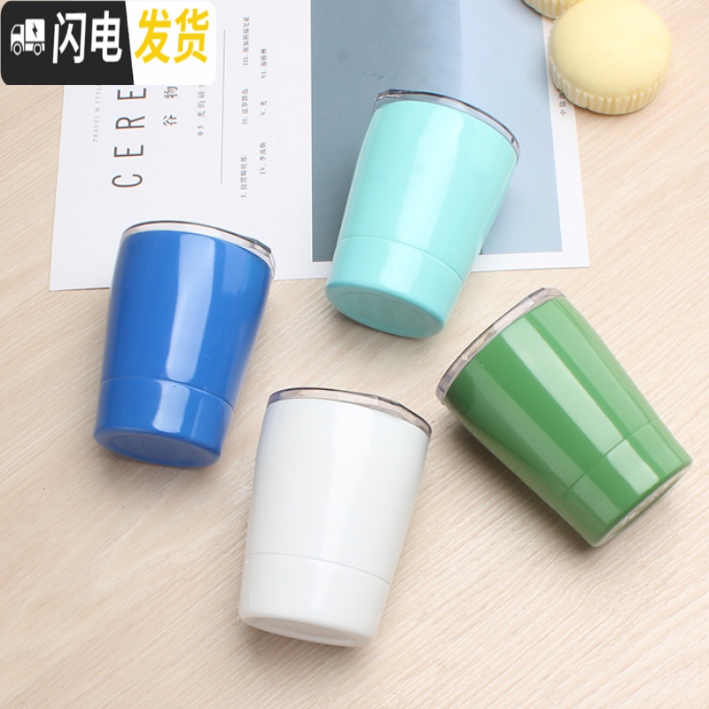 三维工匠304不锈钢双层儿童水杯牛奶杯幼儿园小学生防摔吸管带盖咖啡杯子 淡蓝色260咖啡器具高清大图