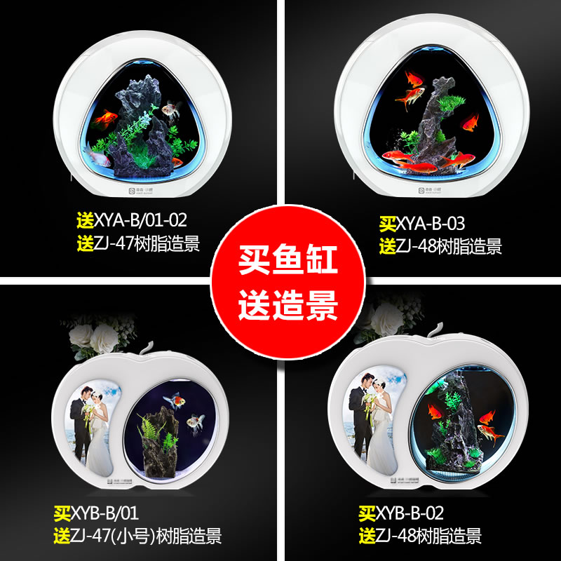 鱼缸水族箱小型办公室桌面迷你免换水圆形斗鱼缸微景观生态缸高清大图