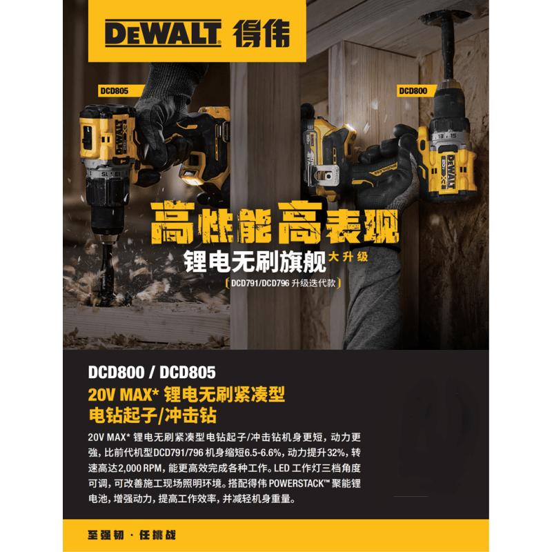 得伟20V锂电无刷紧凑电钻起子一电一充(DCD800-5X1)套图片