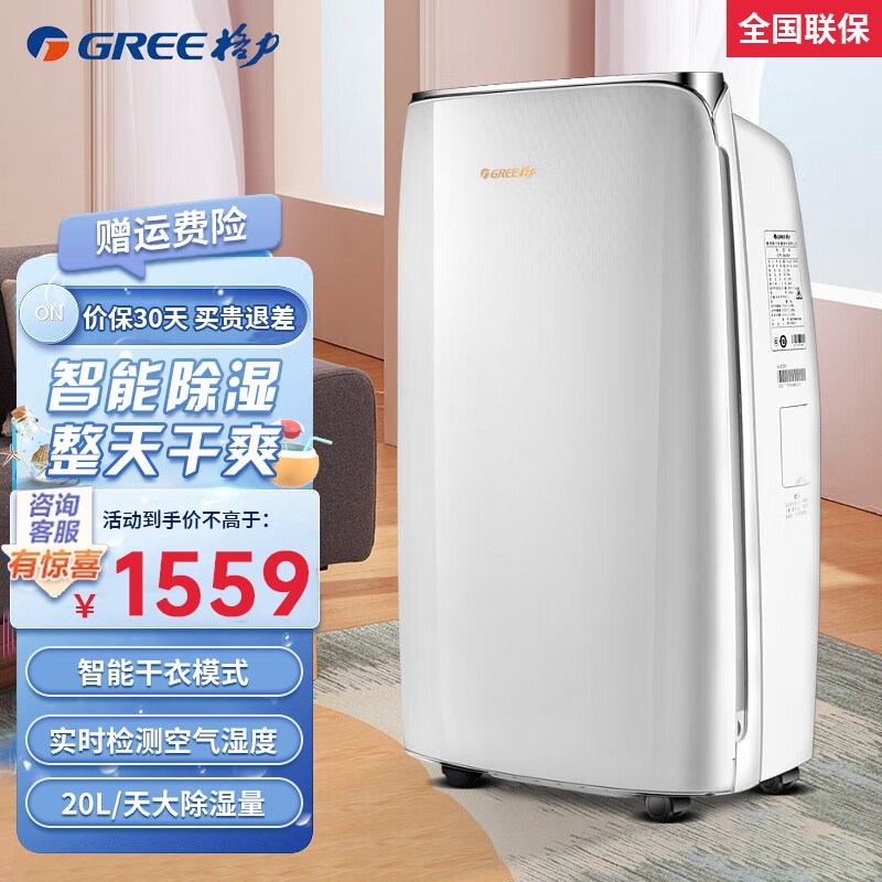 格力(GREE)抽湿机/除湿机 别墅家用卧室办公室低噪干衣除湿器20升/天 适用40平方米以内 智能数控(DH20EF)