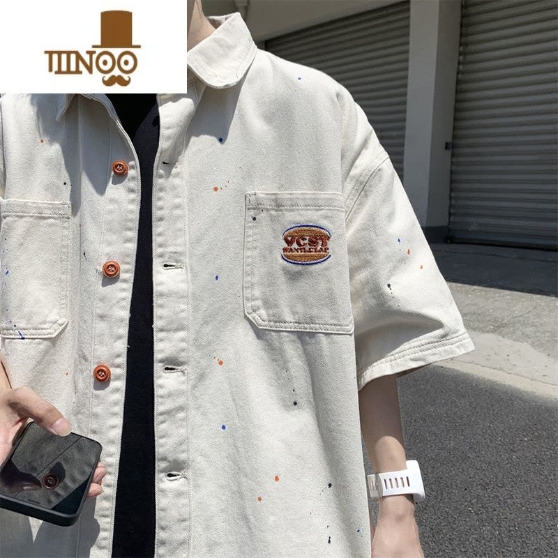 YANXU牛仔短袖衬衫男生夏季新款潮牌水洗做旧衬衣美式复古宽松休闲外套图片