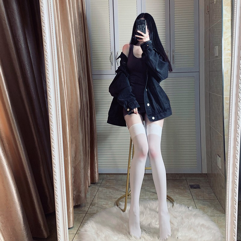 波迷娜（BOMINA)日系学生jk硅胶防滑长筒袜女过膝黑丝袜大腿袜中筒小腿袜显瘦 白色系带小腿袜 均码