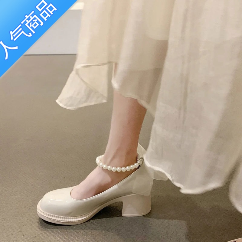 SUNTEK法式少女粗跟玛丽珍单鞋女夏2023年新款珍珠小皮鞋温柔仙女风凉鞋