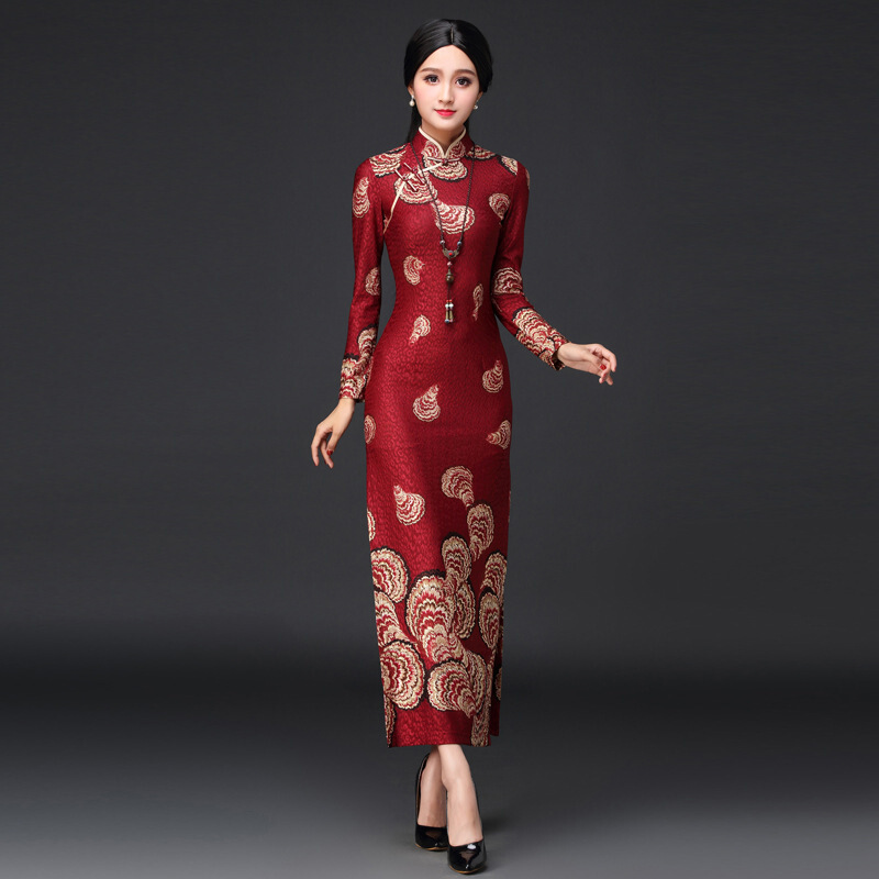 名媛丝绒旗袍中长款冬女改良版复古长袖加厚保暖修身秋冬款连衣裙