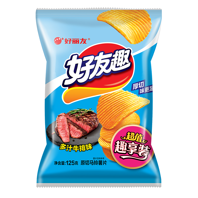 好丽友 (Orion) 好友趣 切片型马铃薯薯片(多汁牛排味) 125g*4袋 薯片 膨化 零食 好丽友出品