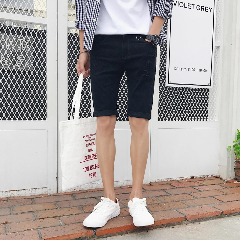 2018夏款新款男士修身休闲牛仔短裤弹力破洞五分牛仔裤潮男学生黑