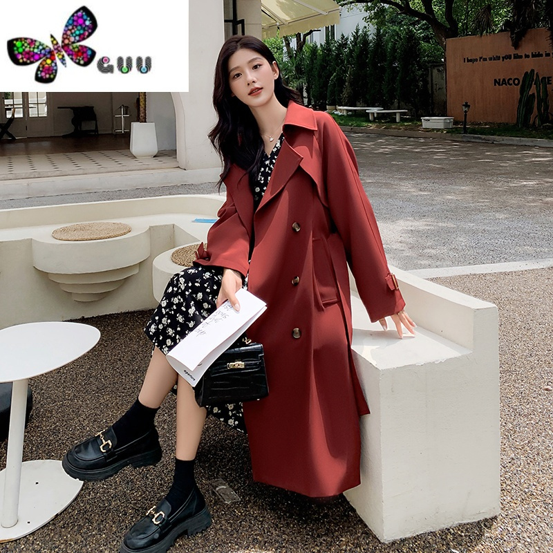 语娄酒红色风衣外套女中长款2023新款流行气质休闲英伦风收腰大衣