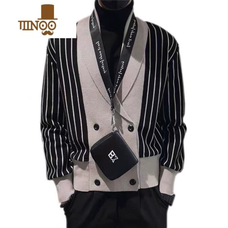 YANXU感假开衫毛衣男韩版潮流小众设计感条纹修身针织衫外套潮图片