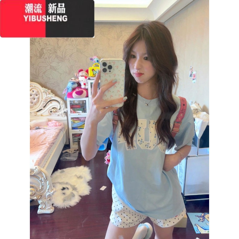 YIBUSHENG小碎花刺绣奶蓝色短袖T恤女季2024新款oversize小个子半袖上o高清大图
