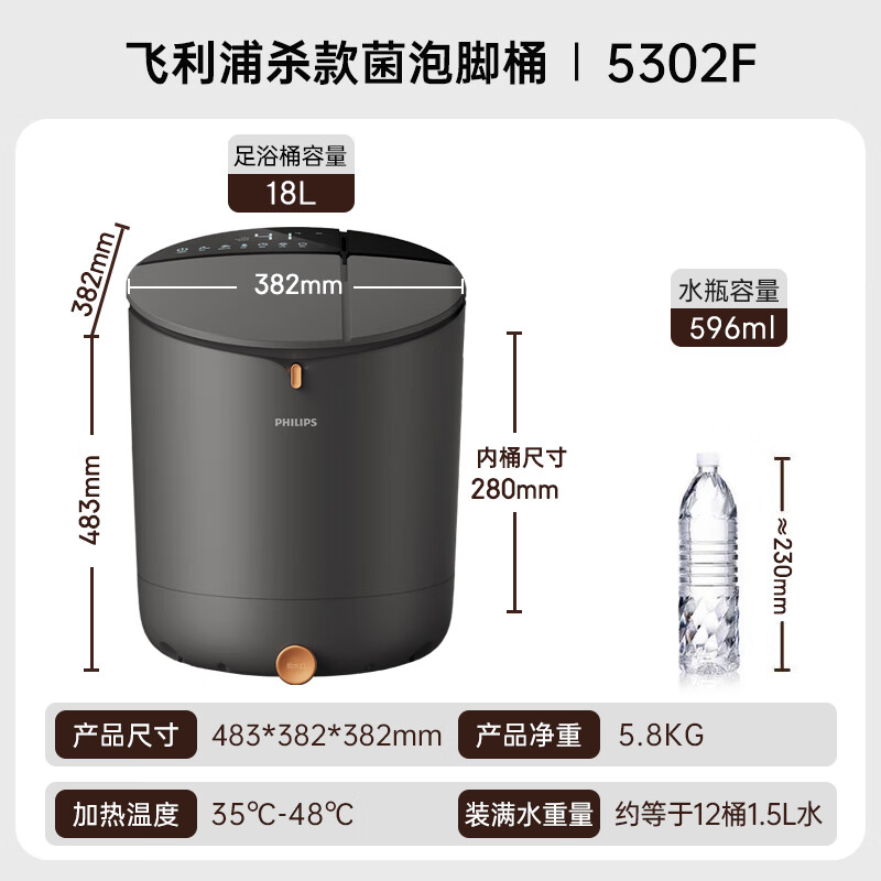 飞利浦(PHILIPS)泡脚桶 自动按摩洗脚盆 UV杀菌足浴盆深桶洗脚桶恒温泡脚盆暖足驱寒 PPM5302F