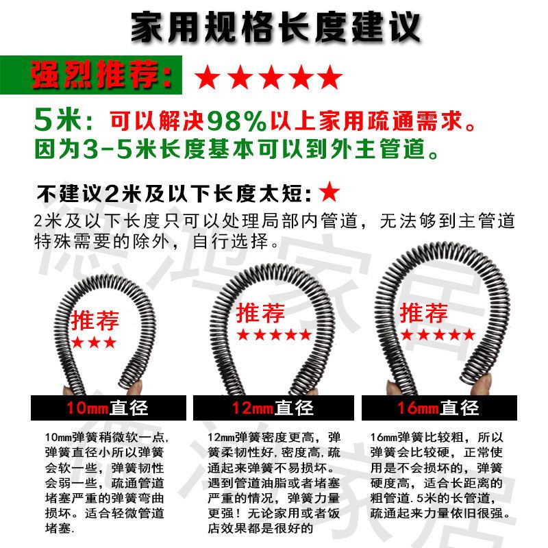 加粗疏通下水道弹簧电动手动工具过弯堵塞通厕所厨房马桶疏通神器|10mm管道疏通2米长+手摇把