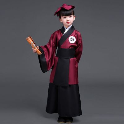 国学汉服三字经弟子规朗诵幼儿学生班服演出服装女款头巾上红下黑110