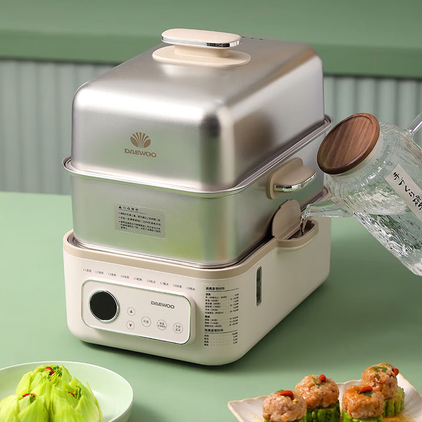 大宇(DAEWOO)12L家用多功能电蒸锅大容量双层不锈钢蒸炖可预约保温蒸锅 DYZG-1568 流苏白高清大图